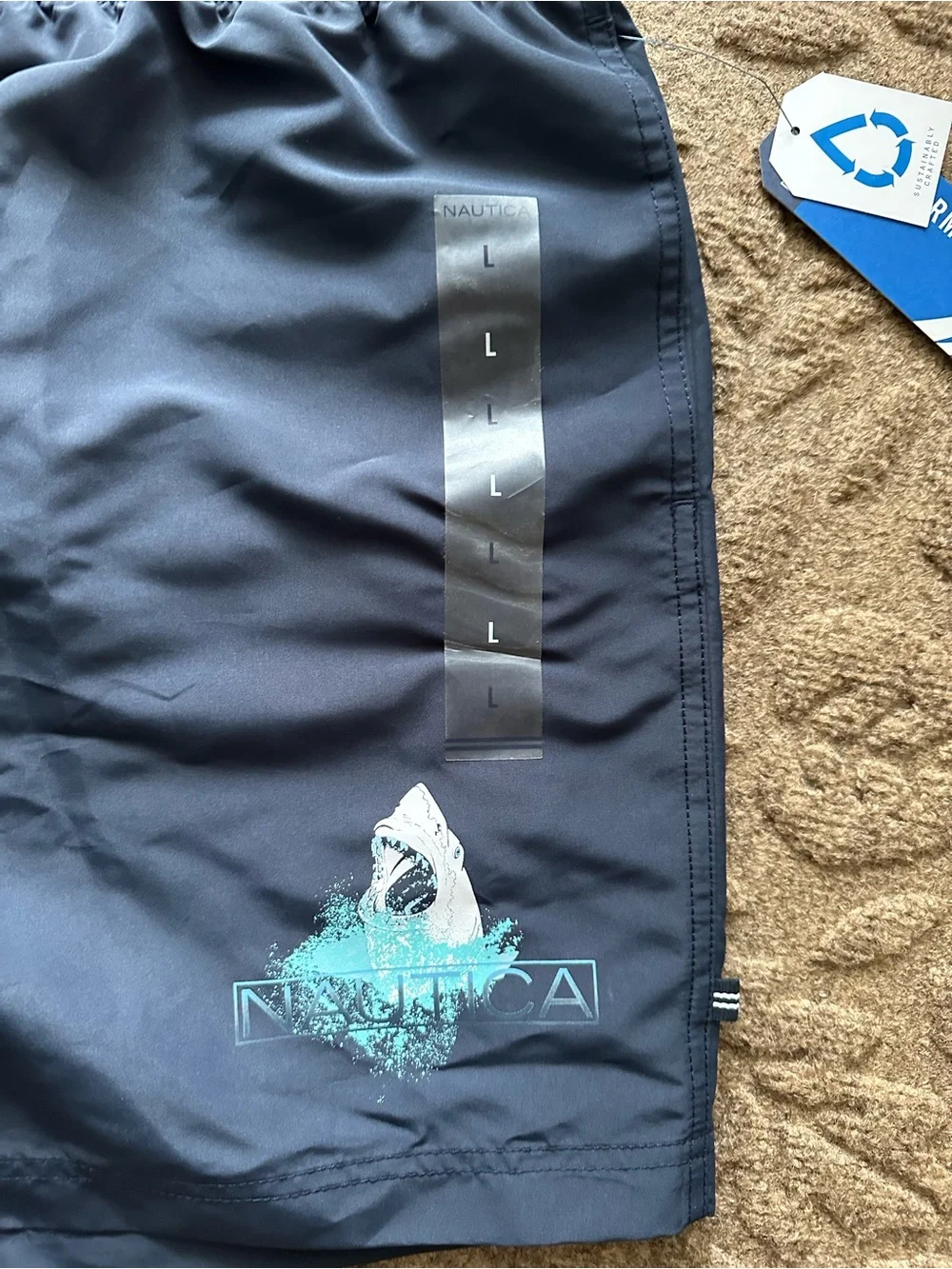 Nautica Men's Navy Blue shark week bathing suit swim shorts, size large